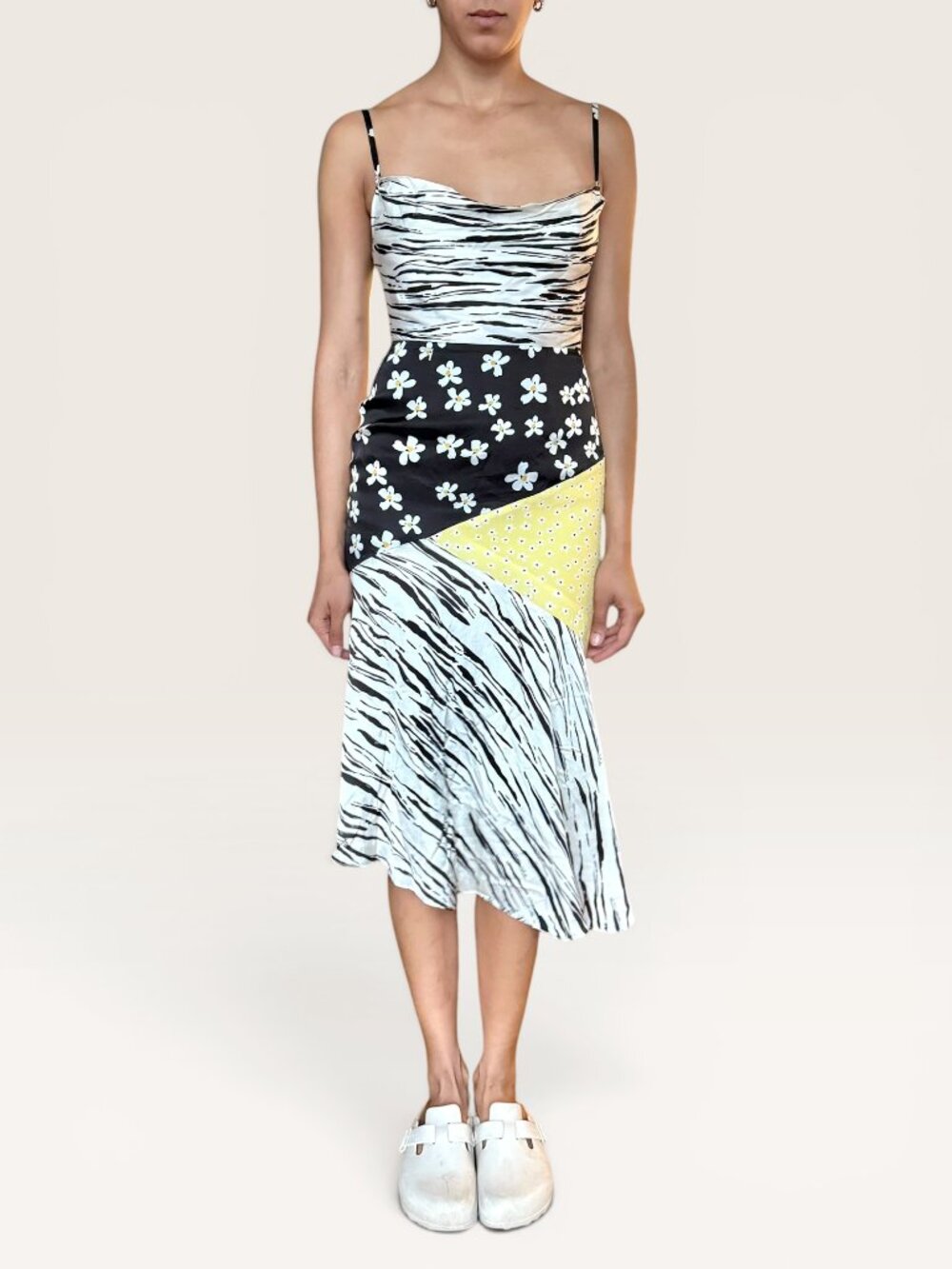 Fame and Partners Patchwork Mixed Print Midi Slip Dress Cowl Neck Zebra Floral - Picture 4 of 13